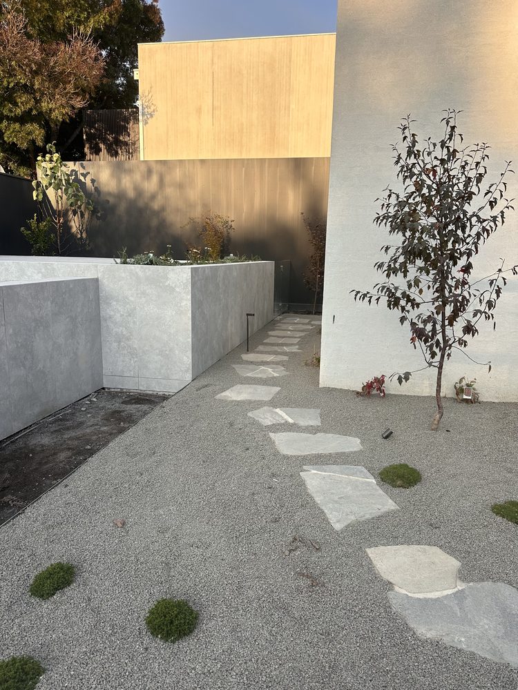 Contemporary courtyard with rendered planters and stone stepping stones through gravel