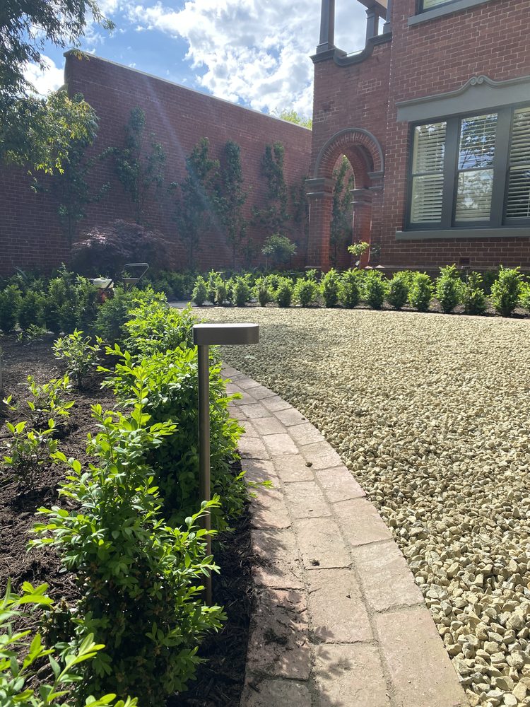 Formal front garden with box hedging and a gravel courtyard at a heritage brick home